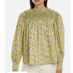 Rebecca Taylor Cottagecore Cotton Intaglio Rose Smocked Top Size Large NWT